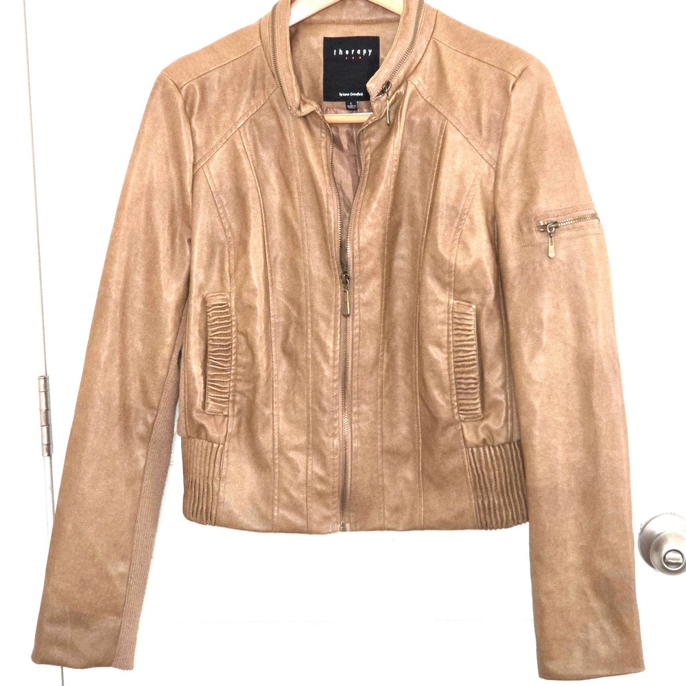 THERAPY Women's Brown‎ Tan Faux Leather Jacket Full Zip Size Large